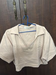 Stylish Beige Collared Crop Top