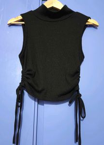 Sleek Black Mock Neck Ruched Top