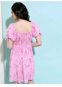 Cute Pink Floral Puff Sleeve Dress