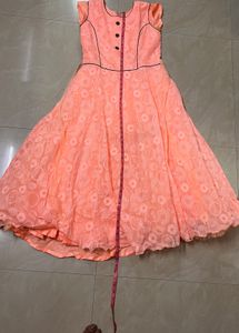 Peach Dress or Gown with Brown Overcoat