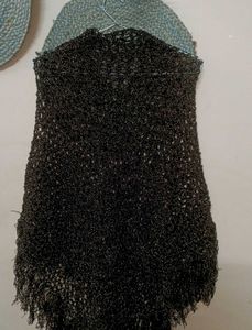 Stylish Black and Golden Knit Poncho with Fringe