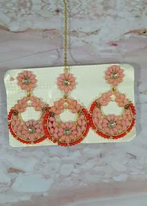 New Peach Floral Earrings with Maang Tikka