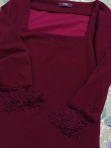 Maroon Tunic Top with Fringe Sleeves