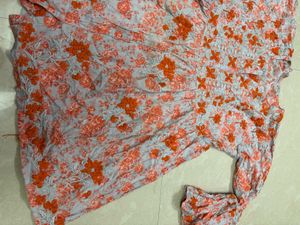 Boho-Chic Grey-Blue &amp; Orange Floral Short Dress wi