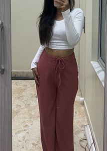 Pink Ribbed Wide Leg Trousers