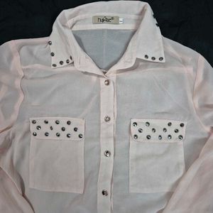 Sheer Pink Studded Button-Down Top