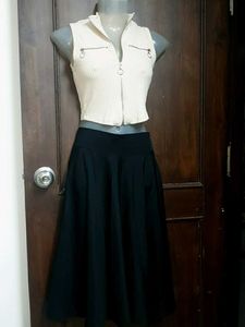 Ribbed Zip-Up Crop Top & Black Midi Skirt Set