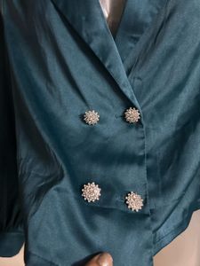 Teal Satin Double-Breasted Blazer Top