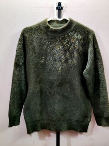 Imported women's fuzzy knit sweater with a high ne