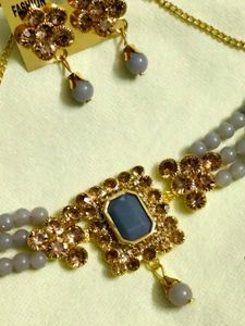 Elegant Grey Bead Necklace &amp; Earring Set