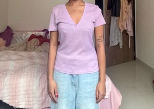 Lilac Ribbed V-Neck Top