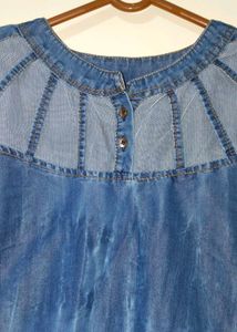 Denim Blue Short Sleeve Top with Sheer Yoke Detail