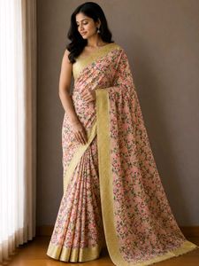 Elegant Floral Print Saree with Golden Border