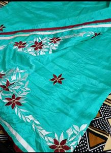 Teal Embroidered Silk Saree