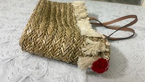 Woven Straw Tote Bag with Tassels