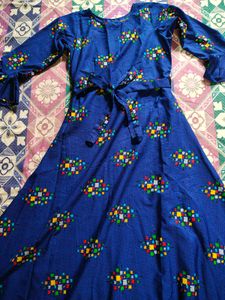 Blue Printed Midi Dress with Belt