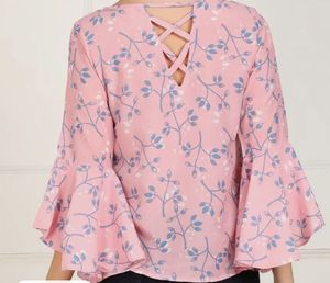 And casual Bell sleeves printed women pink top