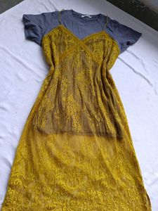 Yellow Lace Slip Dress with Grey Tee