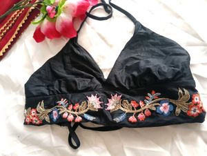 Black Floral Embroidered Bikini Top