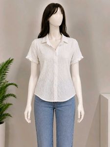 Chic Textured White Button-Up Blouse