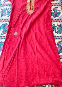 Elegant Red Kurta with Embellished Neckline