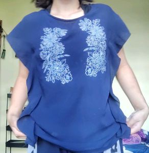 Flowy Blue Top with Floral Print