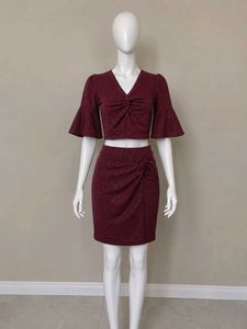 Sparkly Maroon Bell Sleeve Twist Top with skirt