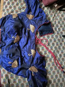 Designer Blue Silk Blouse with Umbrella Embroidery