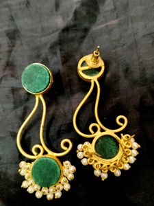 Green Stone &amp; Pearl Dangle Earrings