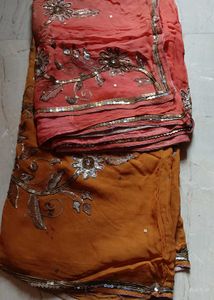 Embellished Saree - Coral & Mustard