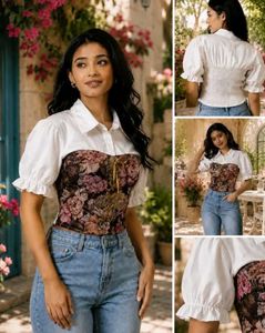 Floral Corset Top with White Puff Sleeve Shirt