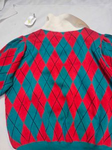 SHEIN Retro Argyle Polo Pattern Puff Sleeve Knit T