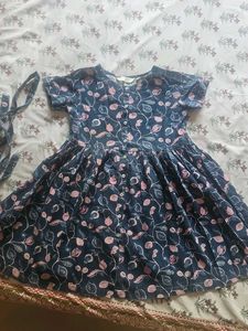 Navy Blue Floral Print Dress with Tie