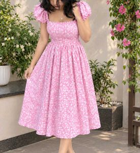 🌸 New Pink Floral Puff Sleeve Midi Dress