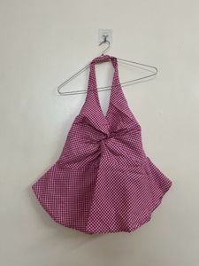 Cute Pink Gingham Halter Top