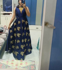 Blue &amp; Gold Embroidered Anarkali Dress