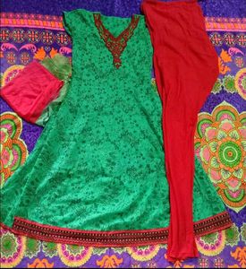Emerald Green &amp; Crimson Red Anarkali Suit Set