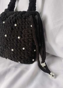 Handmade Black Crochet Pearl Bag🖤