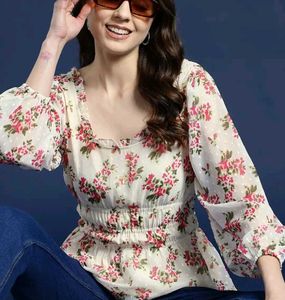 Sheer Floral Print Smocked peplum Top