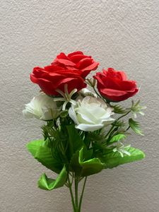 Artificial flowers Red and white with green leaves