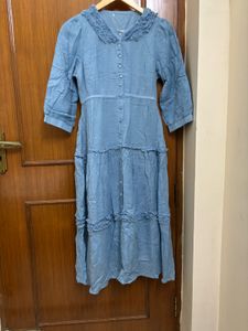 Blue Tiered Midi Dress with Ruffle Collar