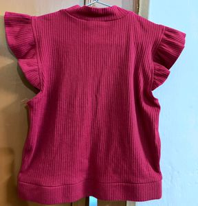 Roadster Crop Maroon Ribbed High Neck Top