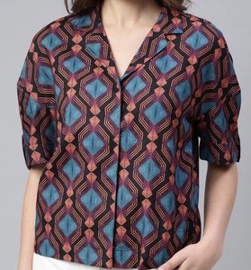 Rareism - Geometric Print Camp Shirt