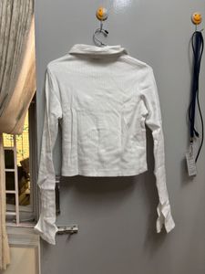 White Collared Cropped Ribbed Top