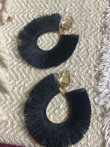 Boho Black Fringe Gold Earrings
