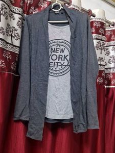 Stylish Grey Cardigan & Tee Set