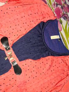 Peach Schiffli Eyelet Shrug Navy Top