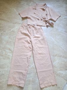 Chic Pink Cropped Blazer &amp; Wide-Leg Pants Set
