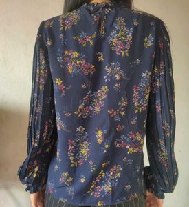Navy Floral Print Mock Neck Top