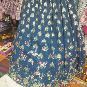Rama lehenga with multi  emrodary